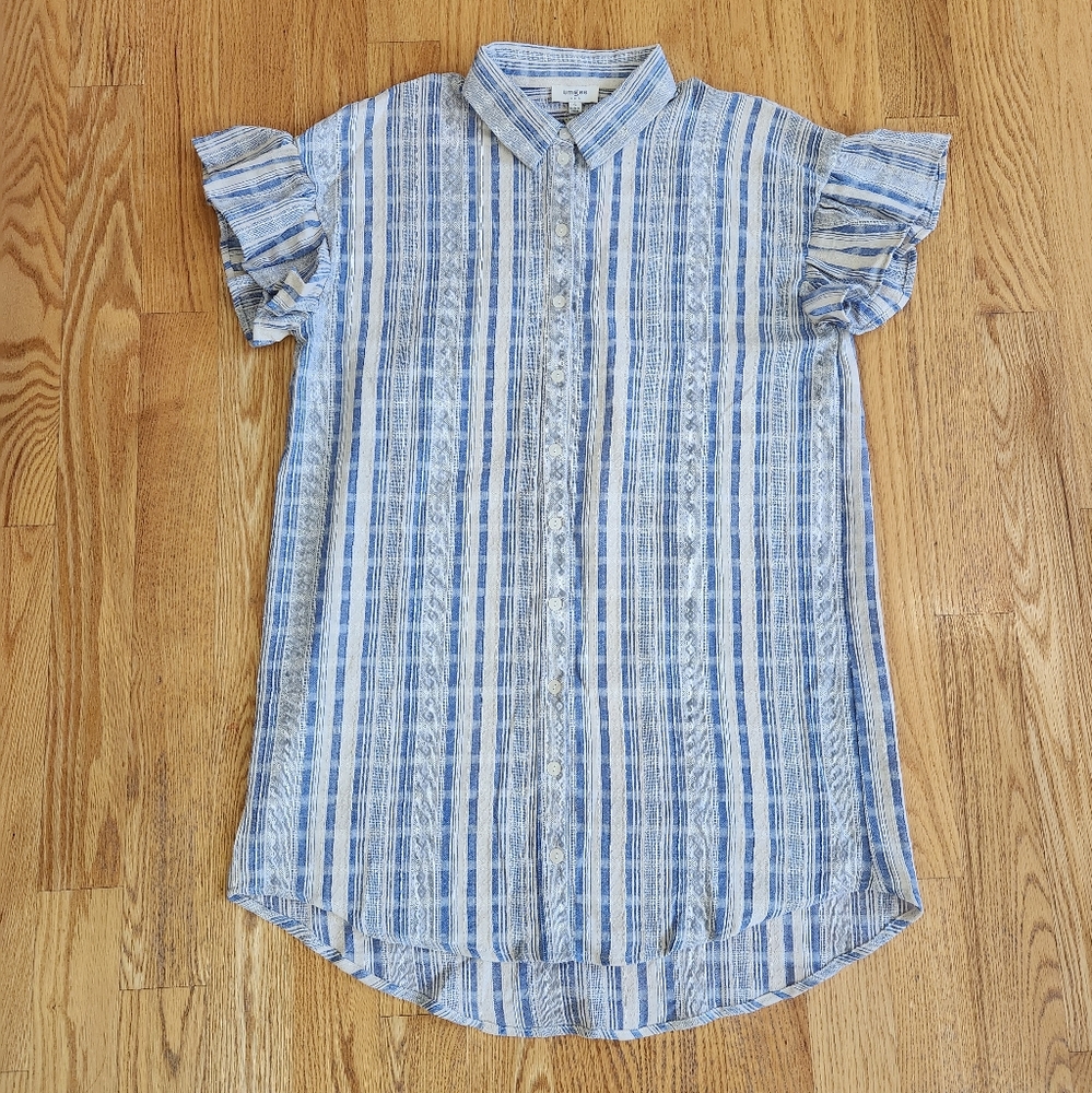 NWT Umgee Women's Button Up Shirt Dress Ruffle Sleeve Blue and Ivory